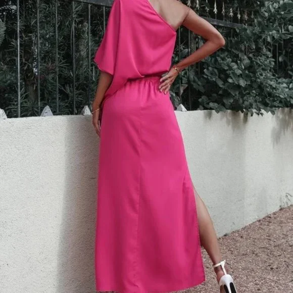 PINK Batwing Sleeve Slit Hem One Shoulder Dress - Picture 5 of 6